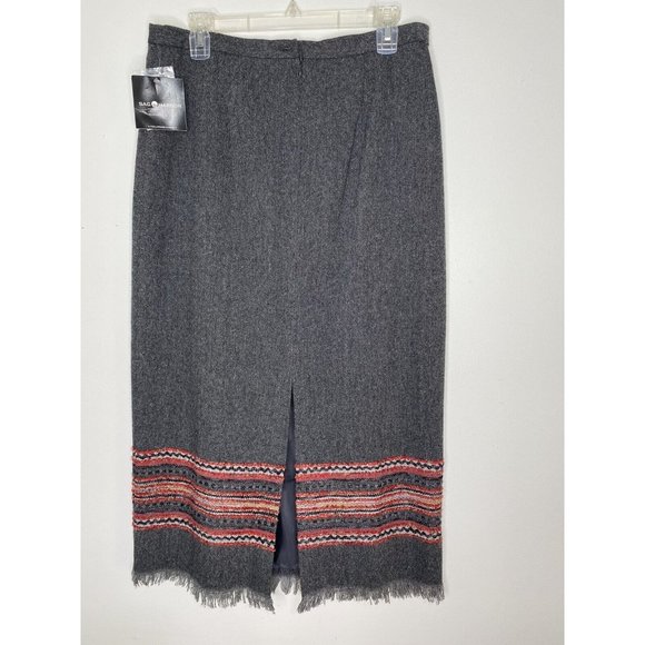 Sag Harbor Wool Long Skirt Sz 12 Grey Southwestern Midi Fringe Lined NEW - Picture 3 of 6